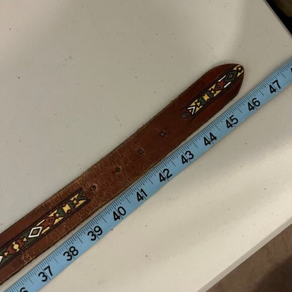 Brown Painted Tooled Southwestern Genuine Leather Brass Buckle Belt Size Large - Picture 8 of 12